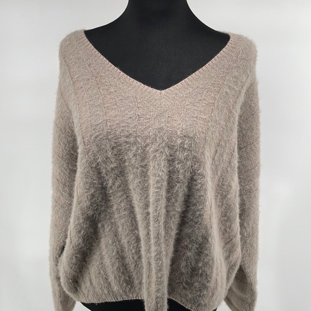 OAK + FORT Taupe Fuzzy V-Neck Sweater
